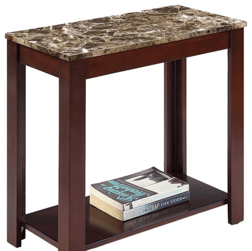 24" Brown Faux Marble End Table With Shelf