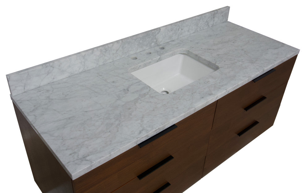 Oslo 60" Floating Wall Mounted Bathroom Vanity, Walnut, Carrara Marble, Single