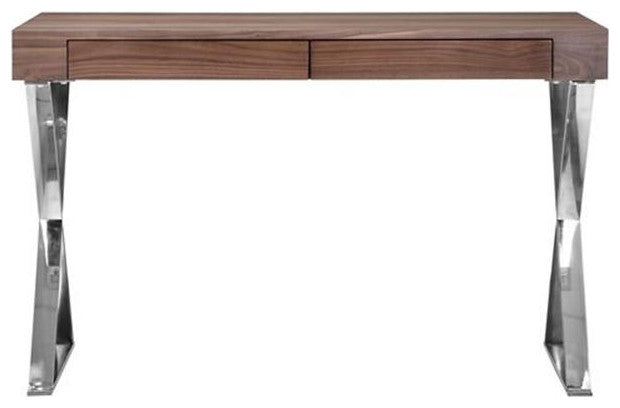 Pemberly Row Modern Wood Veneer & High Polished Steel Desk in Walnut