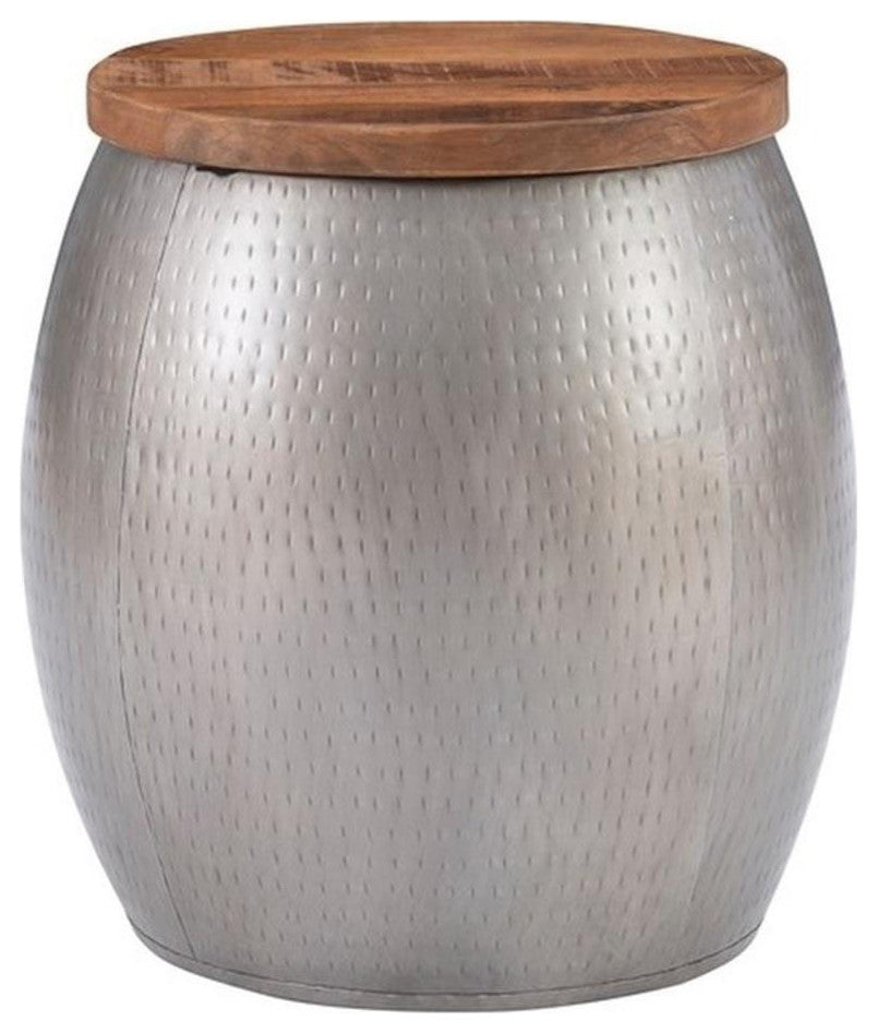 Linon Reid Metal and Wood Drum Side Table with Storage in Silver