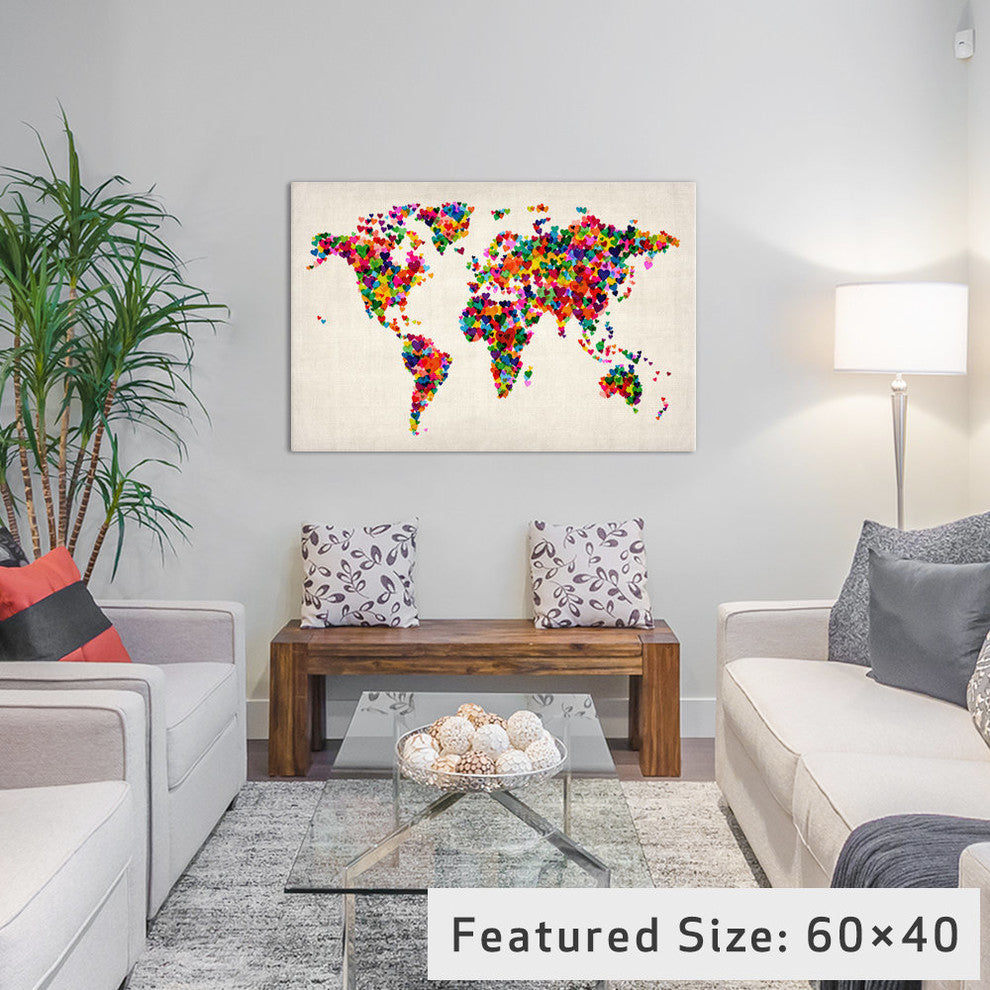 "World Map Hearts, Multicolor II" Wrapped Canvas Print, 26x18x1.5