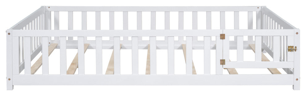 Gewnee Full Size Floor Platform Bed with Fence and Door, White