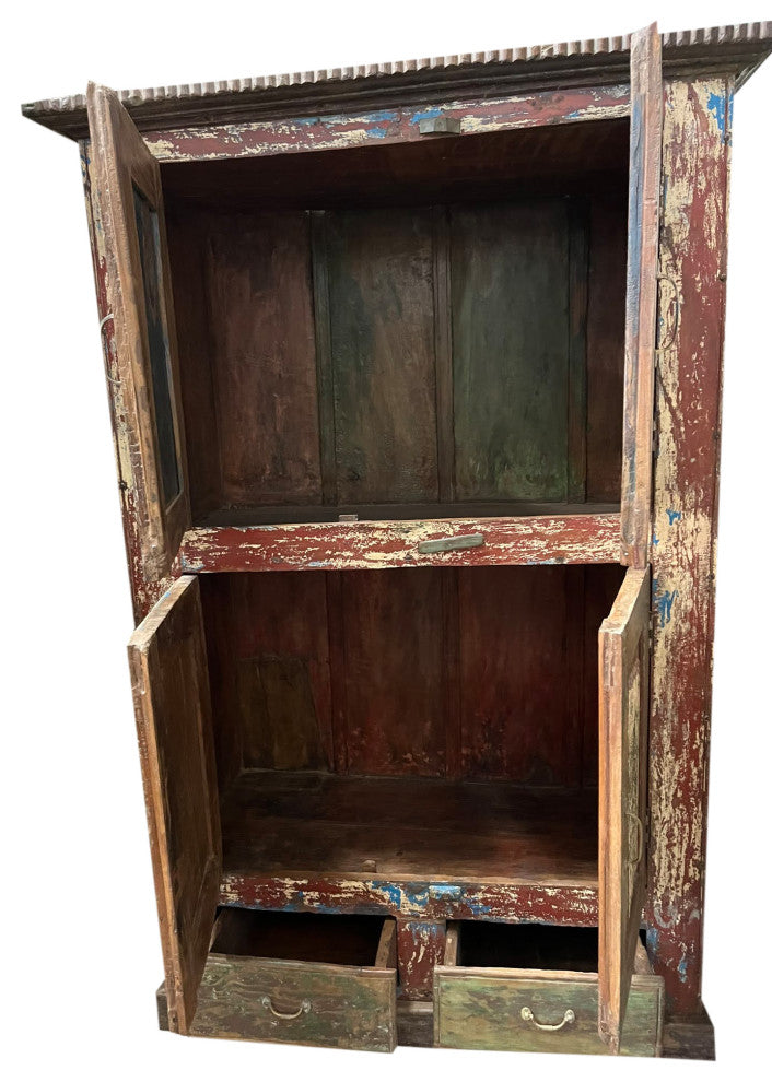 Consigned Antique Accent Cabinet Carved Distressed Green Red Armoire