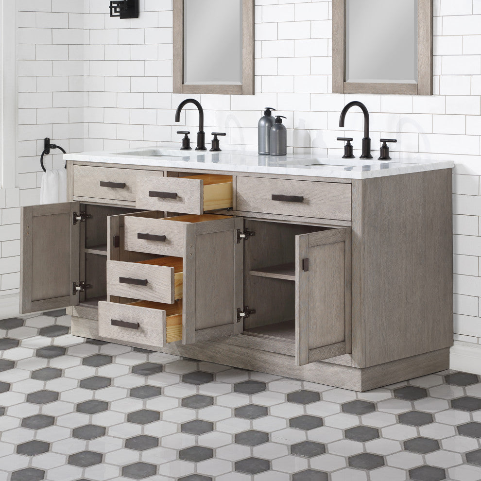 Water Creation Chestnut 72" Bath Vanity, Grey Oak, Oil-Rubbed Bronze Hardware, With Mirror(s) and Faucet(s)