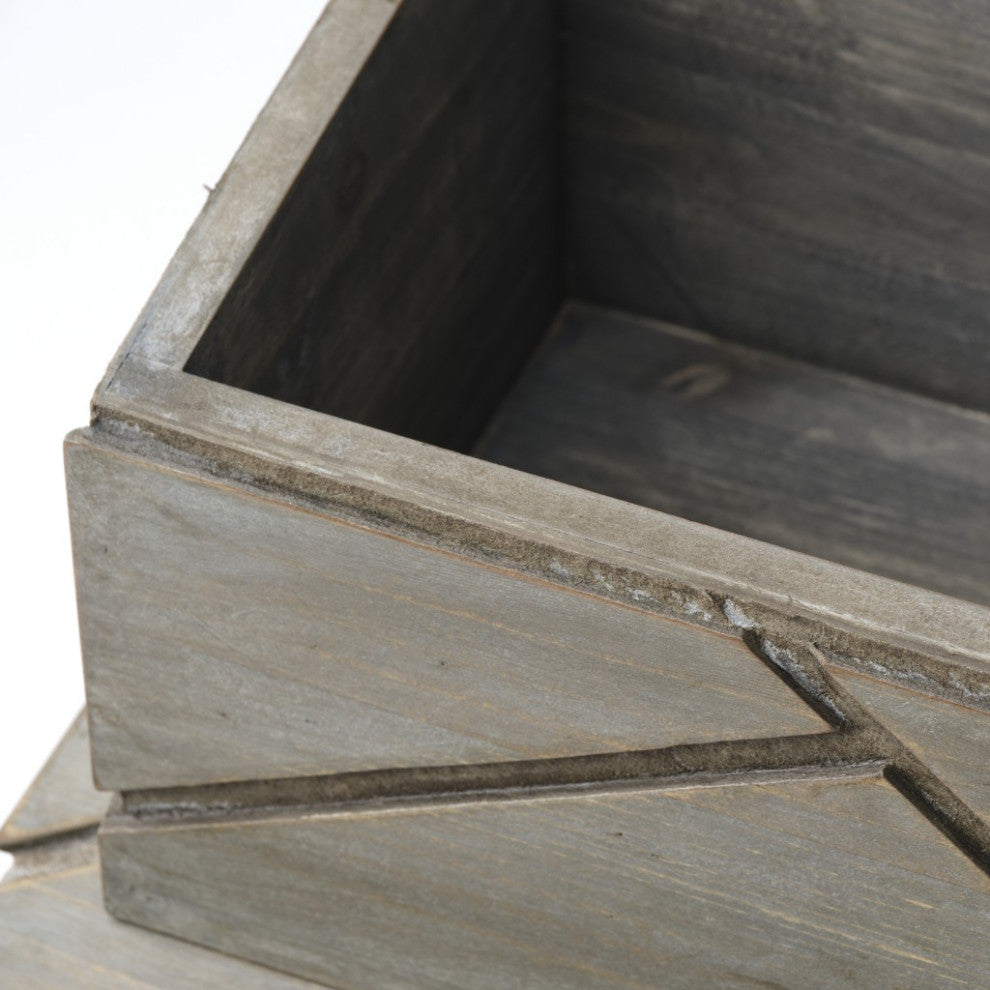 Set of Two Gray Wooden Boxes With Carved Details