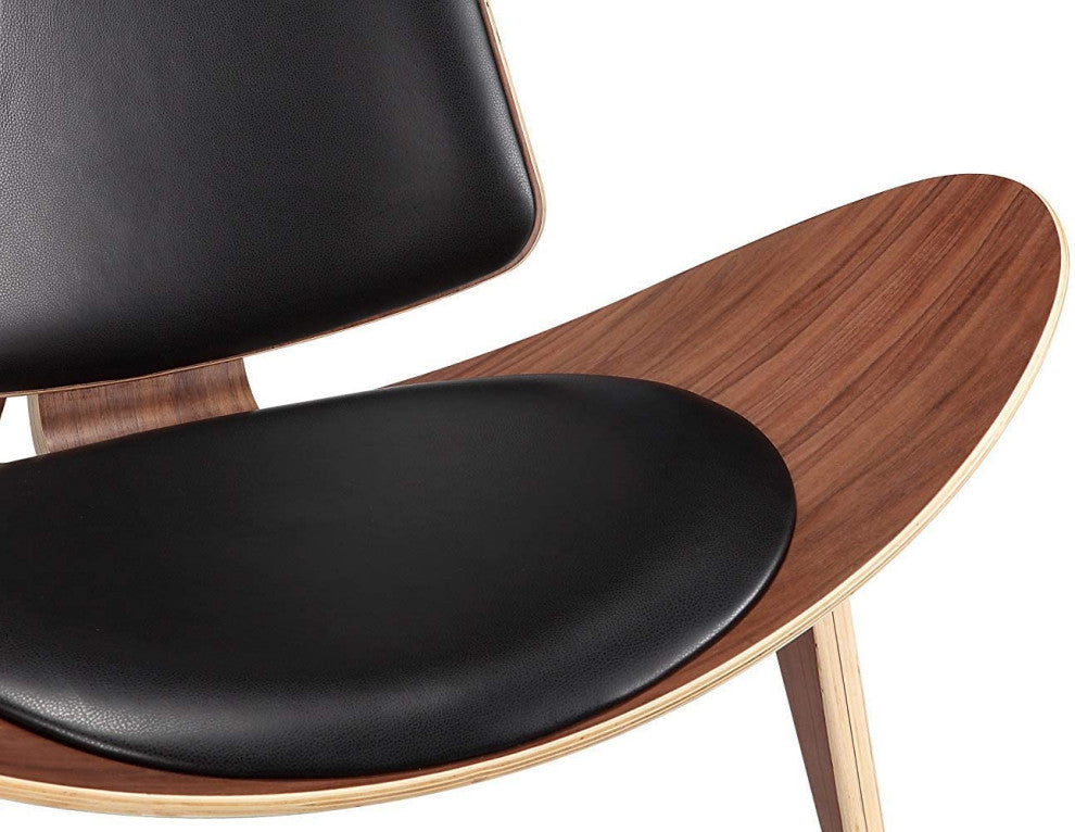 Constance Shell Chair in Walnut Finish With Italian Genuine Black Leather