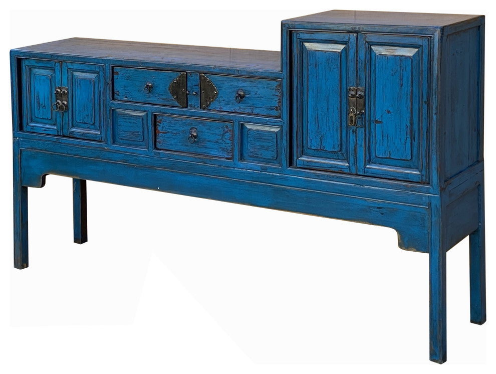 Vintage Chinese Distressed Bright Blue Drawers Foyer Narrow Side Table Hcs7743