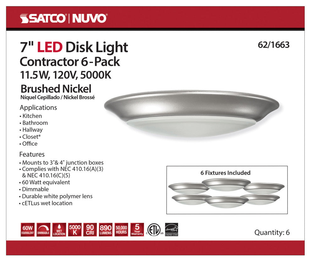 7 inch - LED Disk Light - 5000K - 6 Unit Contractor Pack - Brushed Nickel Finish