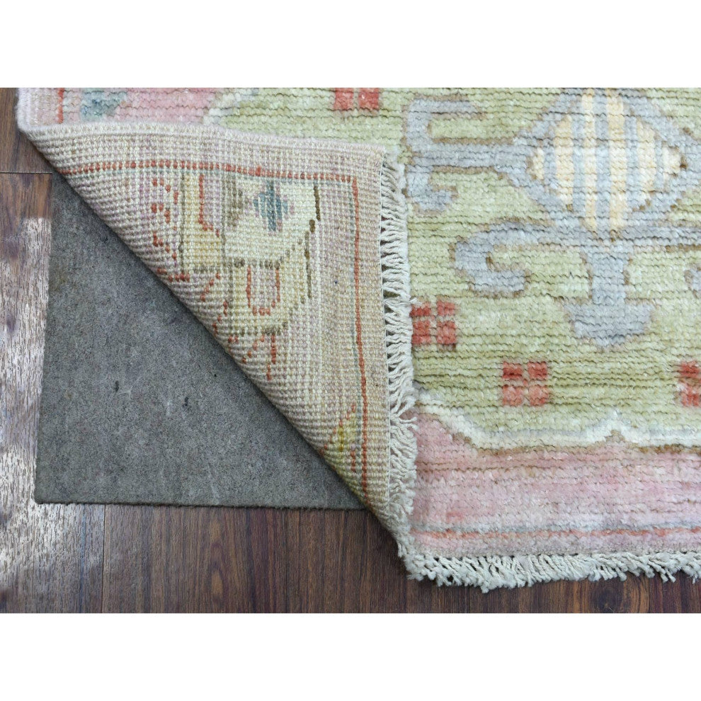 Anatolian Village Inspired Pure Wool Hand Knotted Pink Wide Runner Rug 3'4"x9'9"