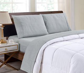 Bibb Home 4 Piece Printed Microfiber Sheet Set, Gray Stripes, Full