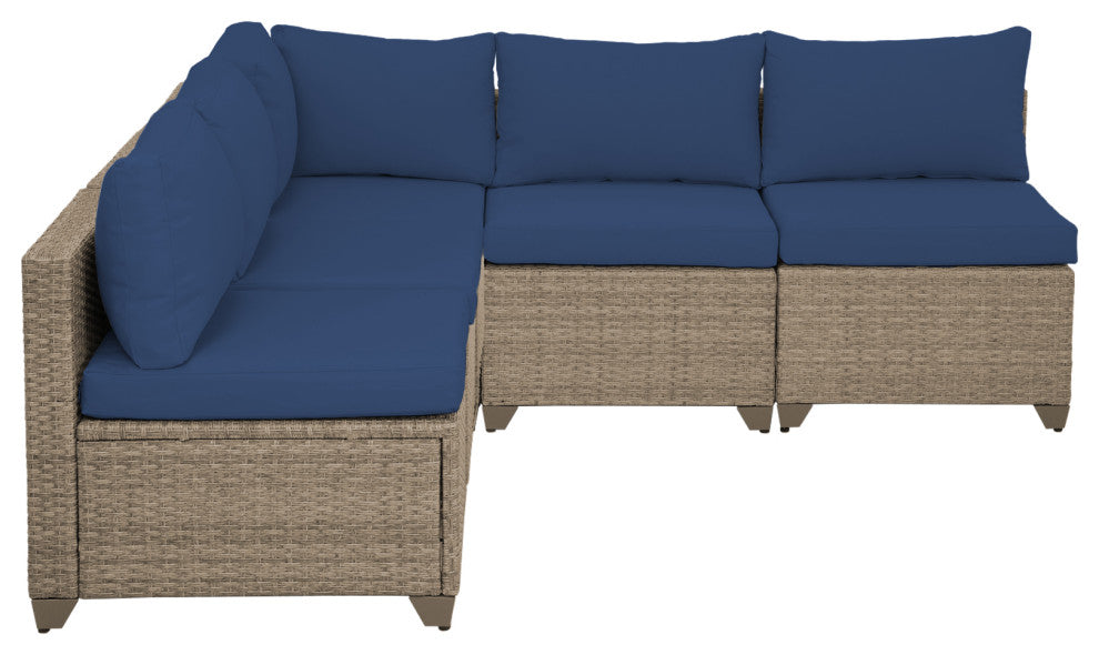 Maui 5-Piece Outdoor Modular Conversation Set, Natural Aged Wicker, Cobalt