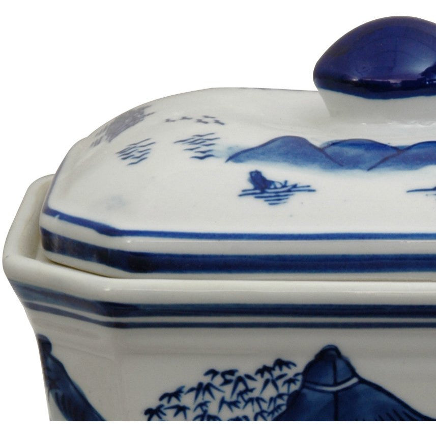 8" Landscape Blue and White Porcelain Covered Jar