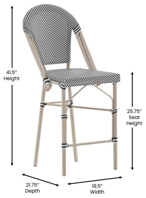 Marseille Stackable Indoor/Outdoor Bistro 26" High Barstool, Commercial Grade, Black & White/Light Natural Frame