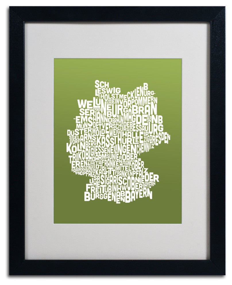 'Germany Regions Map - Olive' Matted Framed Canvas Art by Michael Tompsett