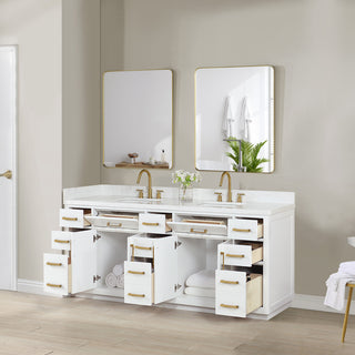 Gavino Vanity With Grain White Composite Stone Top, White/Brushed Gold, 84", With Mirror