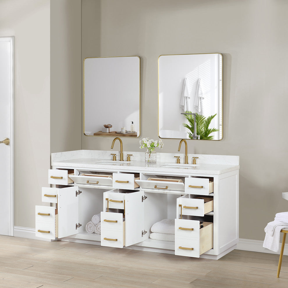 Gavino Vanity With Grain White Composite Stone Top, White/Brushed Gold, 84", With Mirror