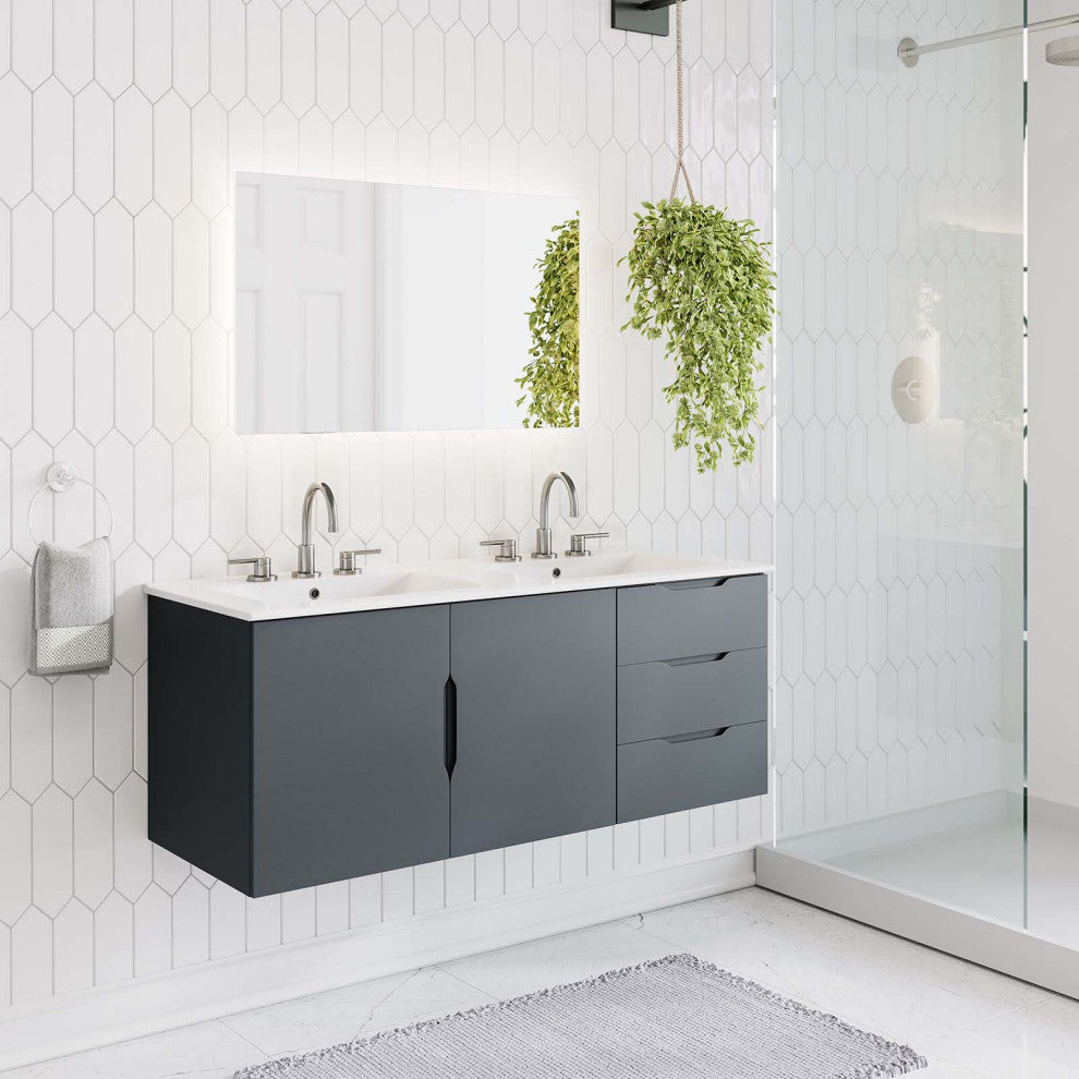 Double Sink Vanity Cabinet, White Gray, Ceramic, Modern, Hotel Bathroom