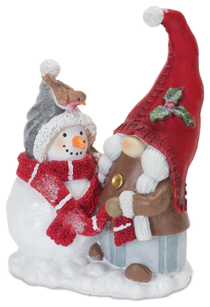 Gnome Figurine With Snowman and Pine Tree, 2-Piece Set