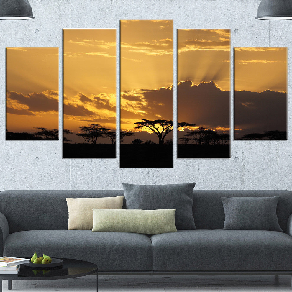 Sunset in Africa with Acacia Tree, Landscape Canvas Art, 60"x32", 5 Panels