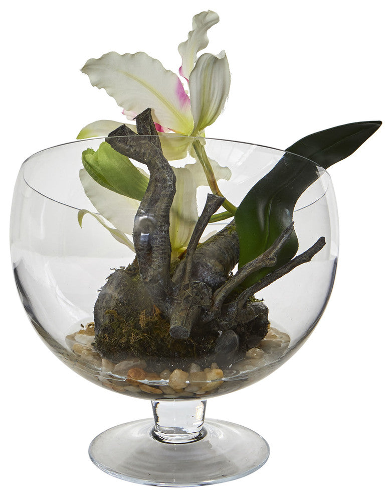 Nearly Natural Mini Orchid Cattleya Artificial Arrangement Pedestal Vase White