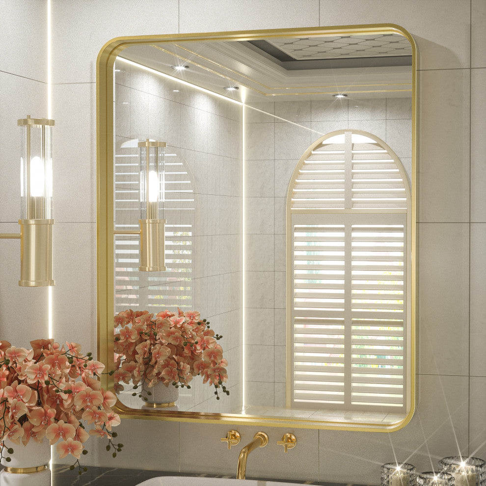 Metal Frame Decorative Rectangular Wall Mount Mirror, Gold, 30"x36"