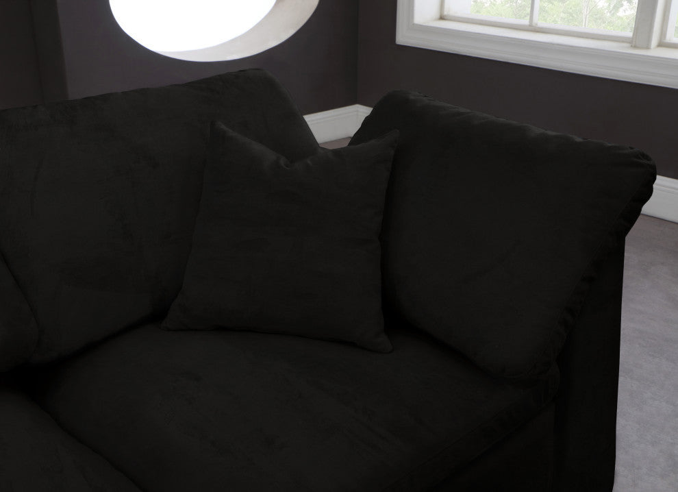 Cozy Velvet Upholstered Comfort L-Shaped Modular Sectional, Black, 4-Piece: 1 Armless Chair, 2 Corner Chair, 1 Ottoman