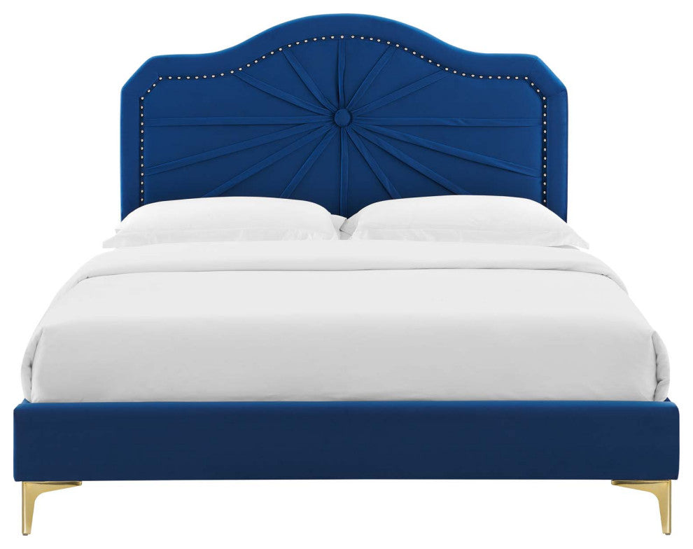 Platform Bed Frame, Queen Size, Velvet, Blue Navy, Modern Contemporary, Bedroom