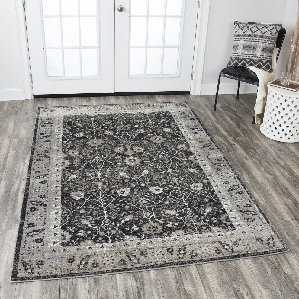 Rizzy Home Panache PN6966 Black Motif Distress Area Rug, Rectangular 3'3" X 5'3"
