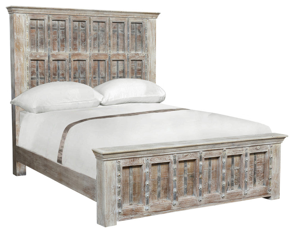 Solid Wood Panel Bed, White, King