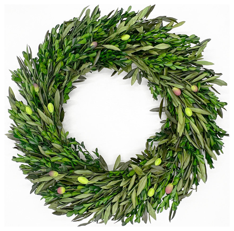 Preserved Decorative Real Boxwood Leaf and Olive Leaf Wreath 21" Green