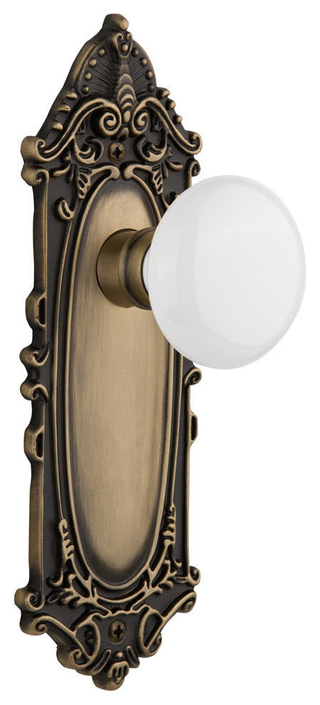 Victorian Plate Passage Poreclain Door Knob, Antique Brass