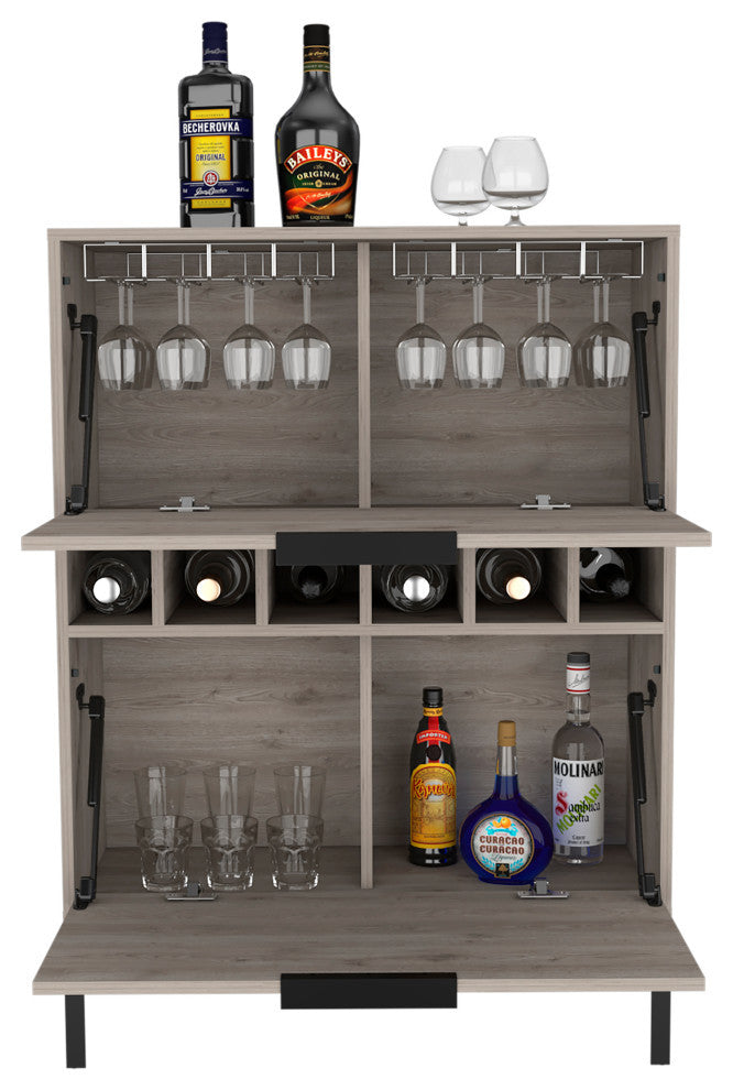 Rowan Bar Cabinet with 6 Wine Cubbies, Glass Rack, and Inner Shelves, Light Gray