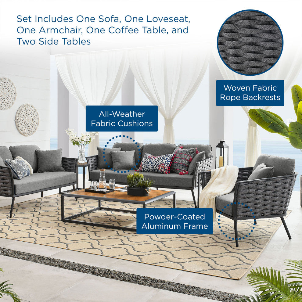 Lounge Sectional Sofa Chair Table Set, Aluminum, Modern, Outdoor, Gray