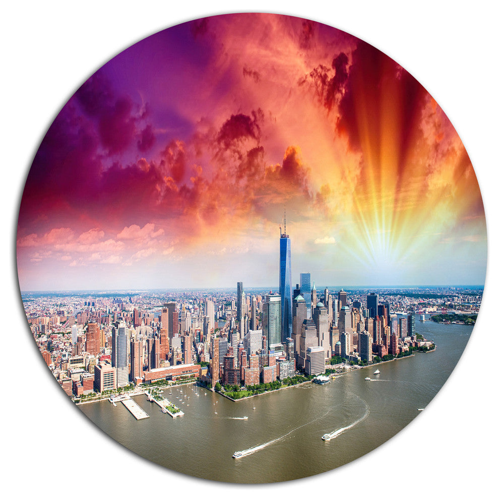 Colorful New York Skyline Aerial View, Cityscape Disc Metal Art, 38"