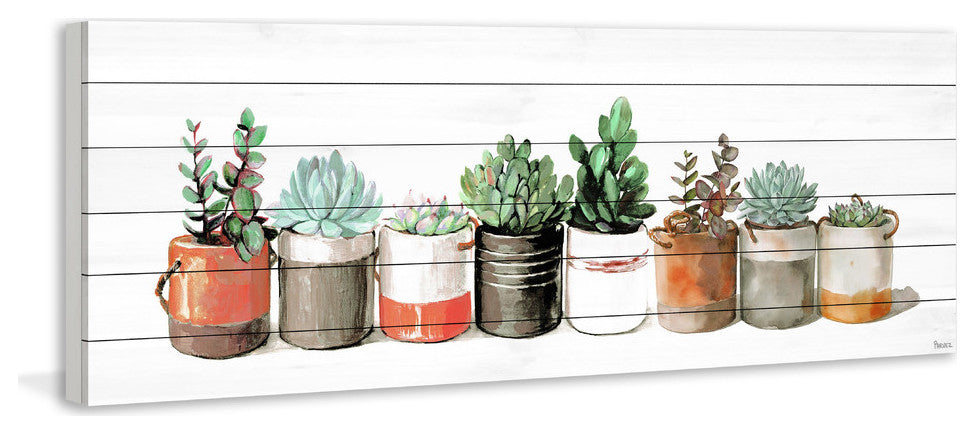 "Cactus in Cans" Painting Print on White Wood, 60"x20"