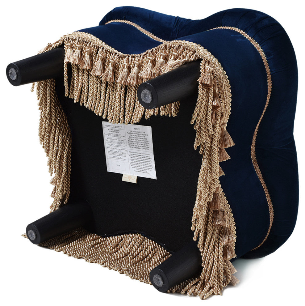 Ellen Tufted Bullion Trim Ottoman, Navy Blue & Gold