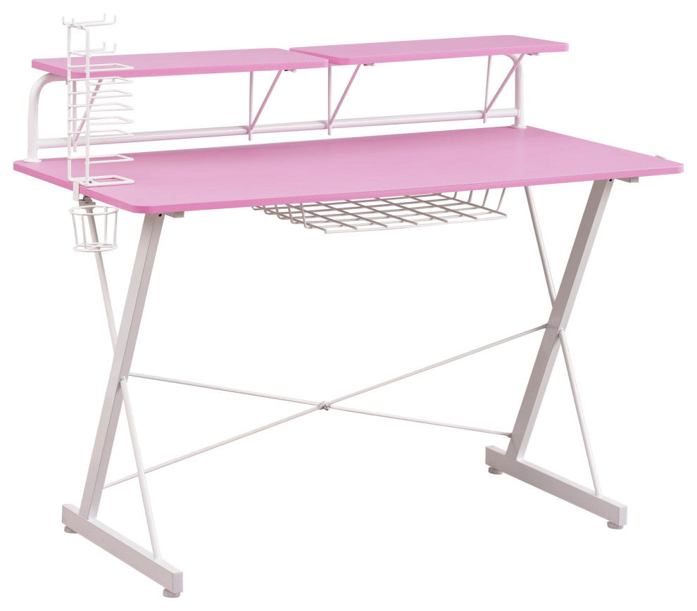 Techni Sport TS-200 Carbon Computer Gaming Desk with Shelving, Pink