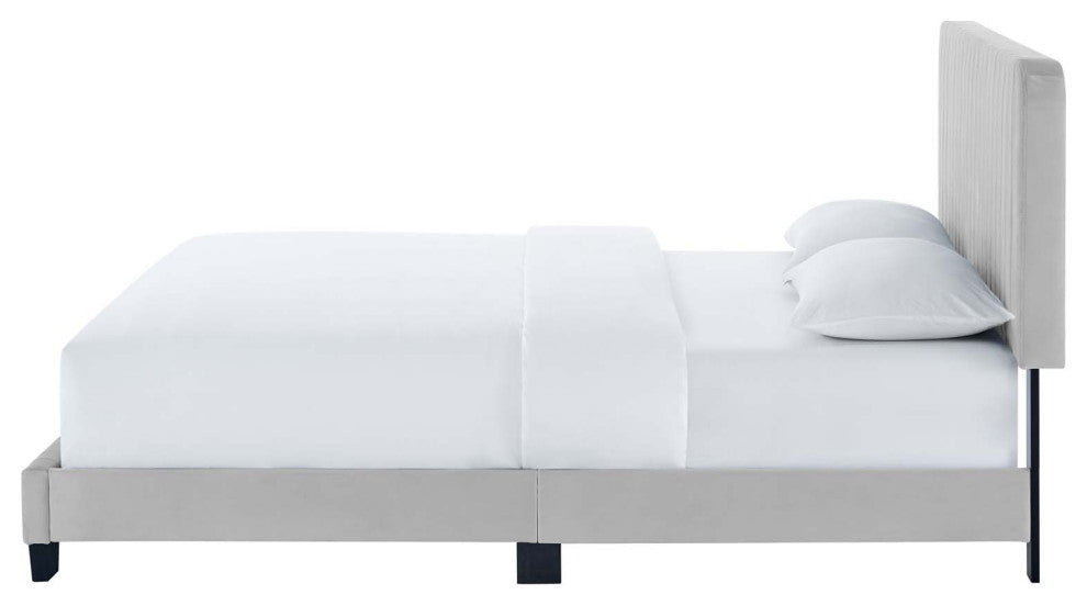Tufted Platform Bed Frame, Twin Size, Velvet, Grey Gray, Modern Contemporary
