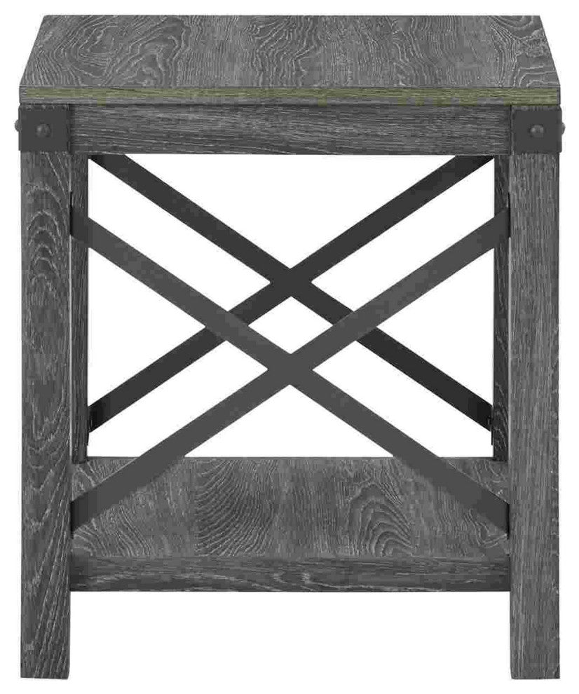 Benzara BM262431 End Table With X Metal Accent and Grain Details, Gray