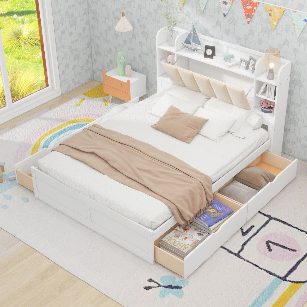 Gewnee Wood Queen Size Platform Bed with Storage Headboard