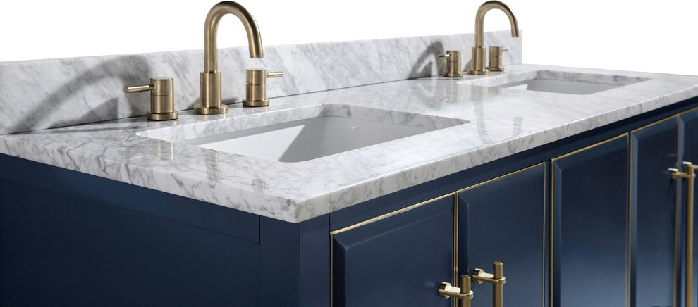 Mason 61" Vanity Combo, Navy Blue, Matte Gold Hardware / Natural 1" Carrara White Marble Countertop and Backsplash