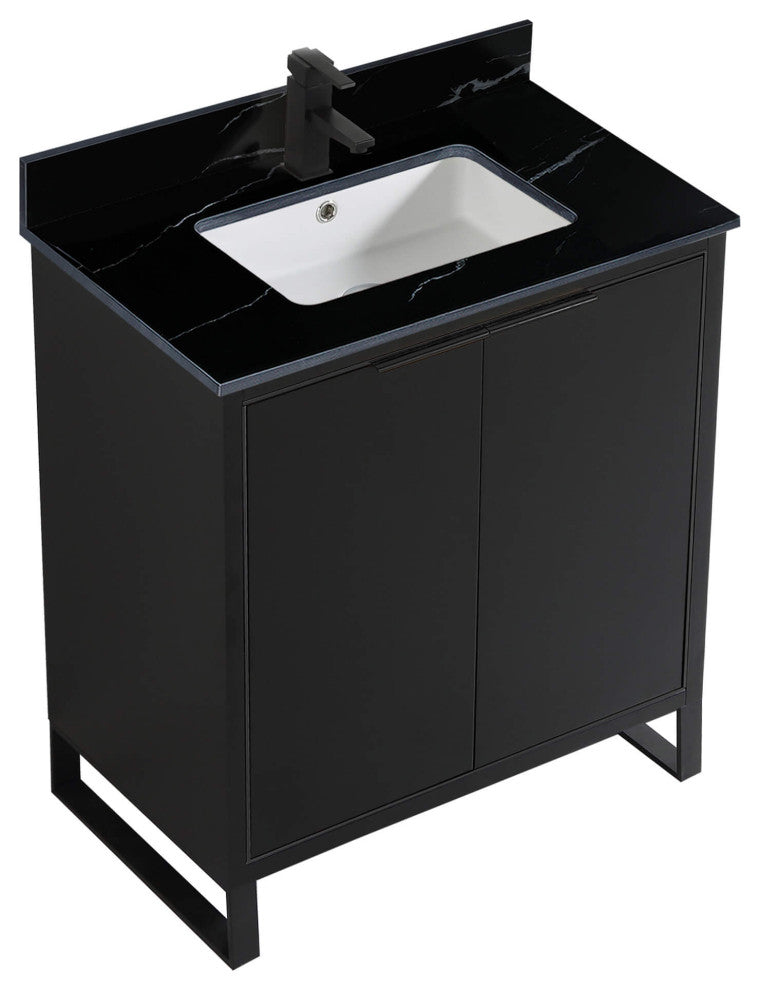 Opulence Bath Vanity, Black Matte, 30", Black Hardware, Black Marble Top