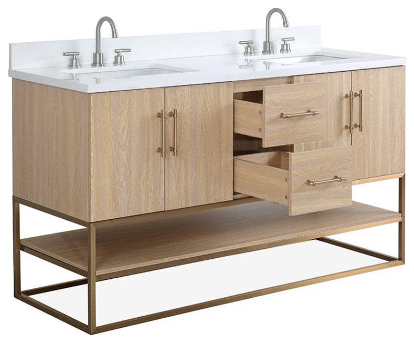 Light Oak Lima Bathroom Vanity With Open Shelf & Gold Leg Base, 60" Double Sink