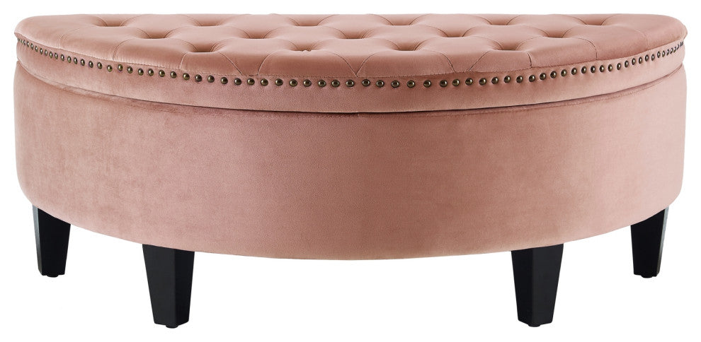 Laura Velvet Gold Nailhead Trim Half Moon Storage Ottoman, Blush