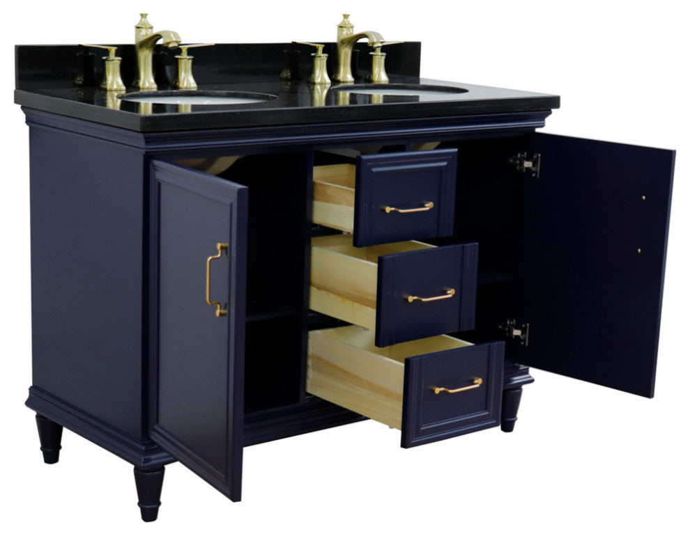 49" Double Vanity, Blue Finish With Black Galaxy And Oval Sink