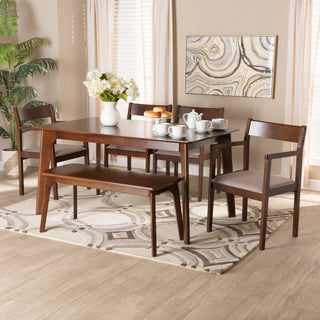 Helene Modern Warm Grey Fabric and Dark Brown Finished Wood 6-Piece Dining Set