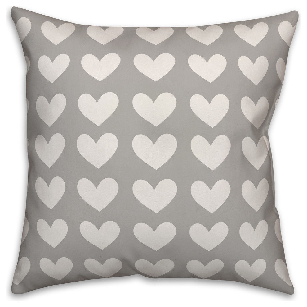Grey And White Hearts Throw Pillow Cover, 16x16