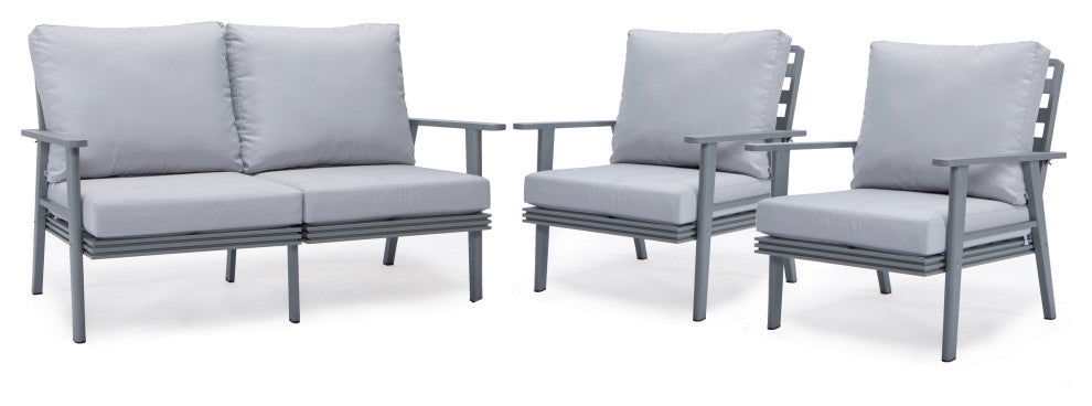 LeisureMod Walbrooke 3-Piece Patio Set With Gray Aluminum Frame and Cushions, Light Grey