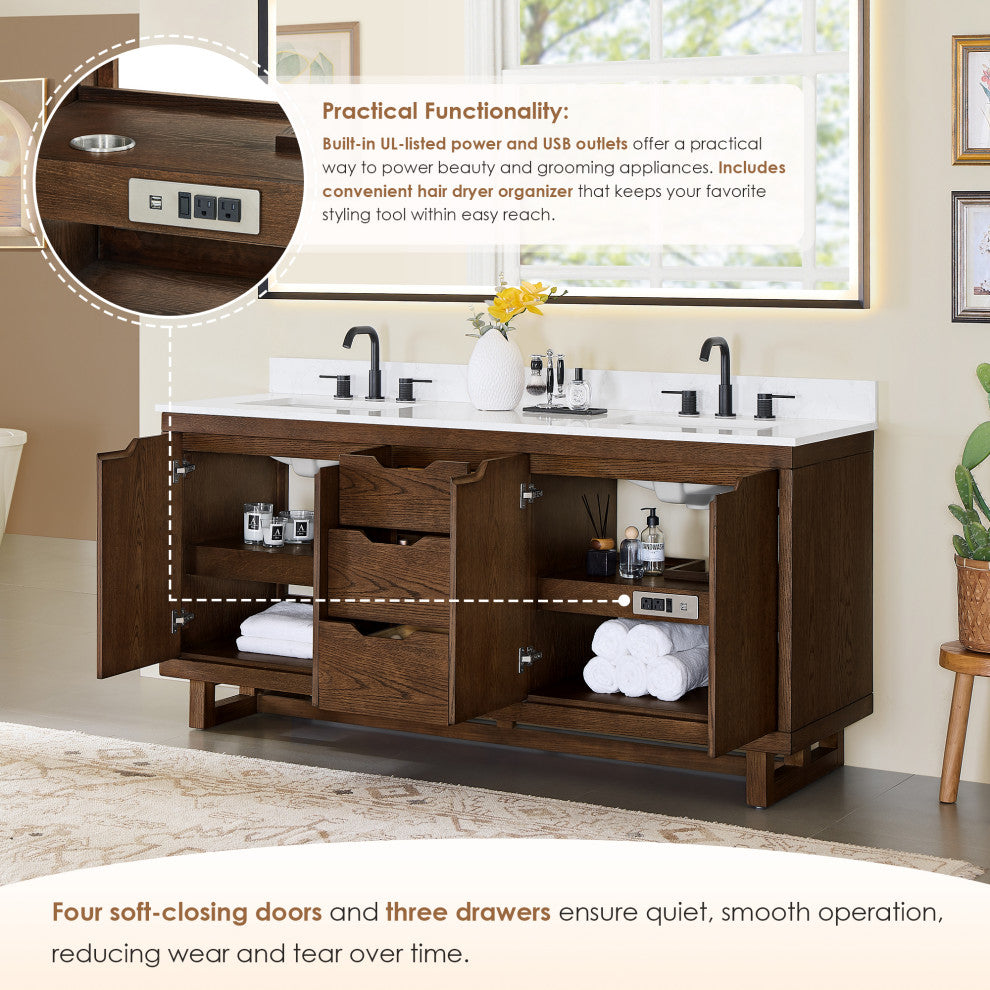 Mowry Bathroom Vanity, Brown Brushed Oak, 72", With Mirror