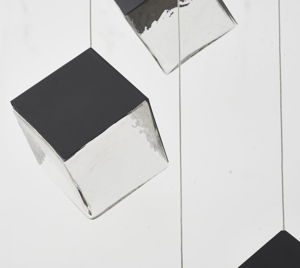 9-Light Black Cubed Chandelier With A Clear Distorted Glass Shades